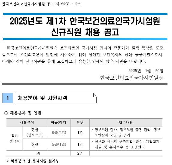 [한국보건의료인국가시험원] 전산 분야 정규직 직원 2명 채용